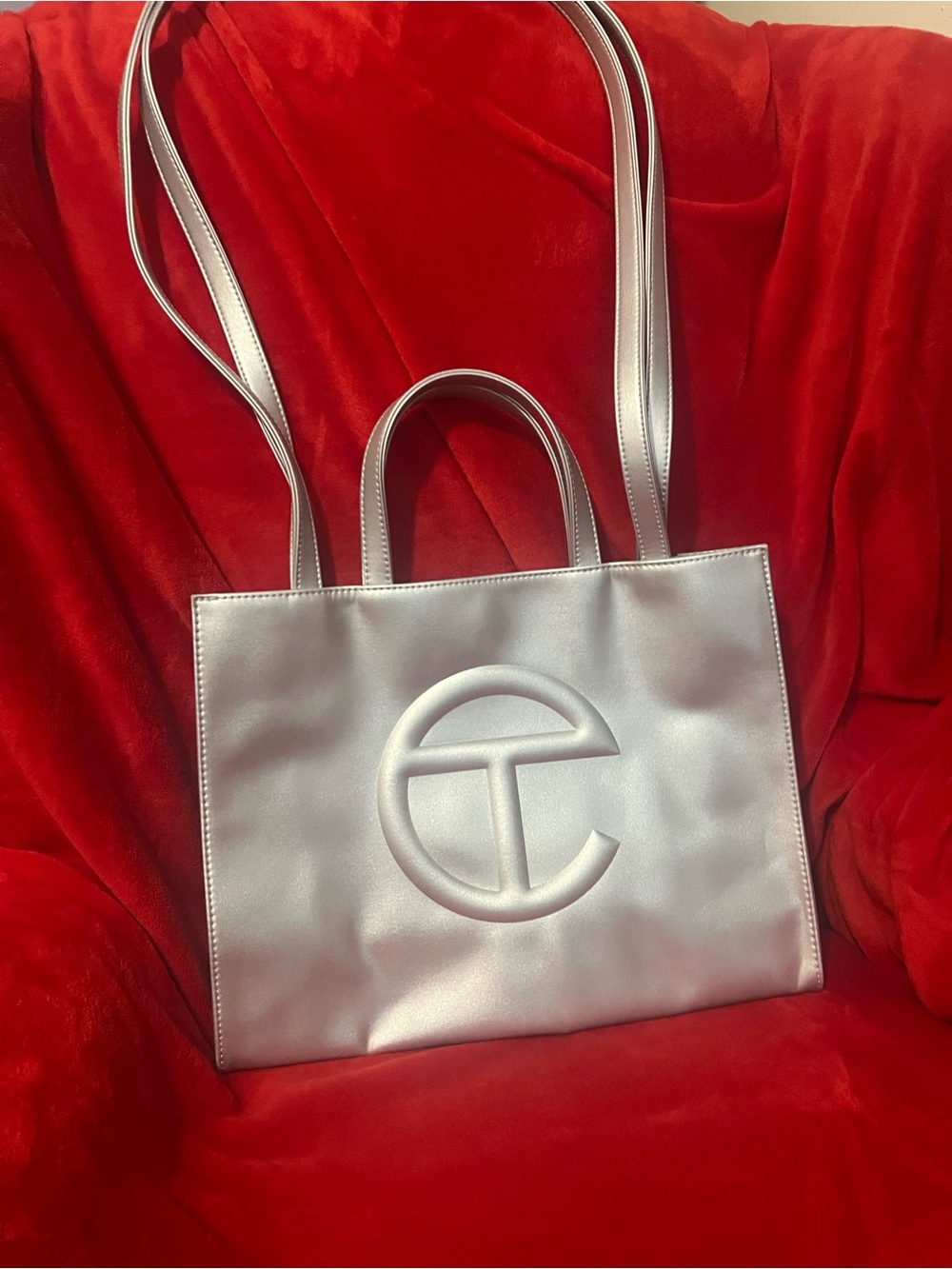 Telfar Silver Metallic Shopping Tote with Embossed Logo